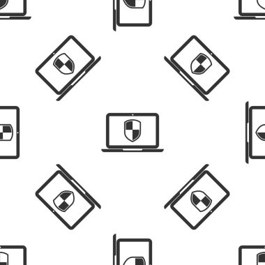 Gri laptop kalkan sembol simgesi izole Dikişsiz desen beyaz arka planda korumalı. Internet güvenlik kavramı. Bilgisayar güvenliği, güvenlik duvarı teknolojisi, gizlilik güvenliği. Vektör Illustration