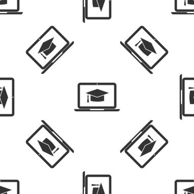 Ekran dizüstü bilgisayar simgesini gri mezuniyet kap beyaz zemin üzerine Dikişsiz desen izole. Çevrimiçi öğrenme ya da e-öğrenme kavramı. Vektör çizim