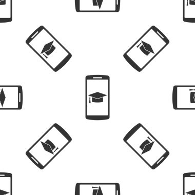 Gri mezuniyet kap ekran smartphone simgesi üzerinde beyaz zemin üzerine Dikişsiz desen izole. Çevrimiçi öğrenme ya da e-öğrenme kavramı. Vektör çizim