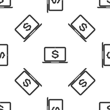 Gri Laptop Doları sembol simge izole sorunsuz desen beyaz arka plan ile. Online alışveriş kavramı. Ekonomi kavramı. Vektör çizim