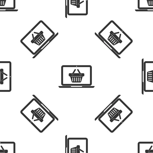 Cesta de compras gris en el icono de la computadora portátil de pantalla aislado patrón sin costuras sobre fondo blanco. Concepto e-commerce, e-business, marketing online. Ilustración vectorial — Archivo Imágenes Vectoriales