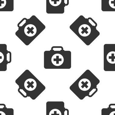 Gri ilk yardım çantası ikonu beyaz arka planda izole edilmiş pürüzsüz desen. Haçlı sağlık kutusu. Acil durumlar için tıbbi ekipman. Sağlık sigortası konsepti. Vektör İllüstrasyonu