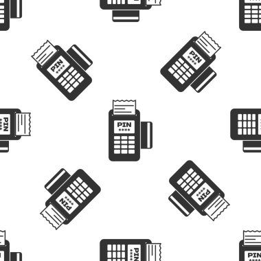 Gri POS terminali, eklenmiş kredi kartı ve yazdırılmış tarif simgesi beyaz arka planda izole edilmiş kusursuz desen. NFC ödeme konsepti. Vektör İllüstrasyonu