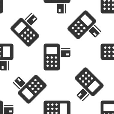 Gri Pos terminali ile eklenen kredi kartı simgesi izole Dikişsiz desen beyaz arka plan üzerinde. Ödeme terminal hareketi. Vektör çizim