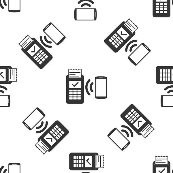 Terminal POS cinza com reciept impresso e confirma o pagamento por ícone de smartphone isolado padrão sem costura no fundo branco. Conceito de pagamento NFC. Ilustração vetorial —  Vetores de Stock