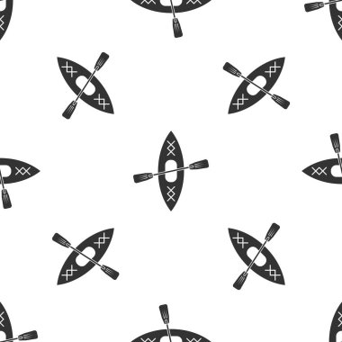 Gri kano ve kürek ikonu beyaz arka planda izole edilmiş pürüzsüz desen. Balıkçılık ve turizm için kano. Açık hava aktiviteleri. Vektör İllüstrasyonu