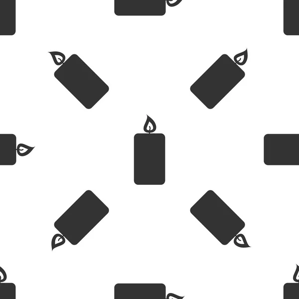 Grey Burning candle icon isolated seamless pattern on white background. Old fashioned lit candle. Cylindrical aromatic candle stick with burning flame. Vector Illustration