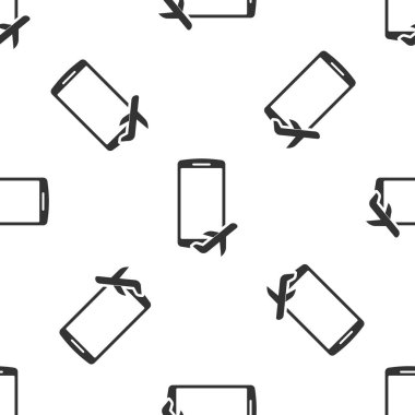 Beyaz arka plan üzerinde cep telefonu simgesini izole Dikişsiz desen gri uçuş modunda. Uçak veya uçak uçuş çevrimdışı modda yolcu yönetmelik havayolu. Vektör çizim