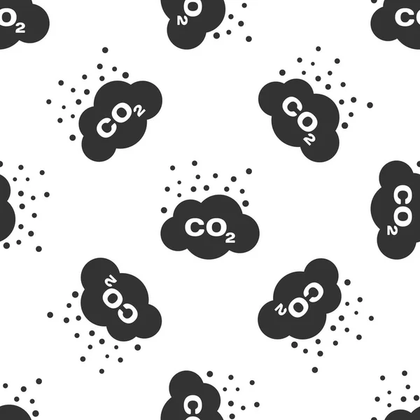 Grey CO2-uitstoot in pictogram geïsoleerde naadloze wolkenpatroon op witte achtergrond. Kooldioxide formule symbool, smog verontreiniging concept, milieu concept. Vectorillustratie — Stockvector