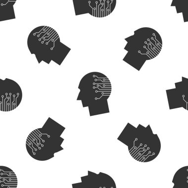 Dijital devre kartı simgesi beyaz arka plan üzerinde'deki izole seamless modeli olarak gri insan beyni. Yapay zeka. İnsan kafa anahat ile devre sınırların içinde. Vektör çizim