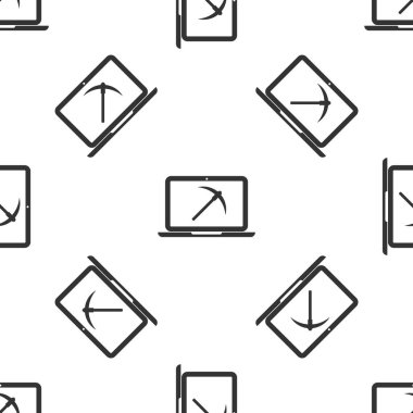 Laptop ve kazma simgesi izole Dikişsiz desen beyaz arka planda gri madenciliği konseptiyle. Blockchain teknoloji, madencilik, cryptocurrency dijital para piyasası. Vektör çizim