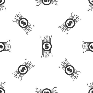 Cryptocurrency kavramı bitcoin daire desenli mikroçip devre simgesi izole kesintisiz beyaz arka planda gri. Blockchain teknoloji, dijital para piyasası. Vektör çizim