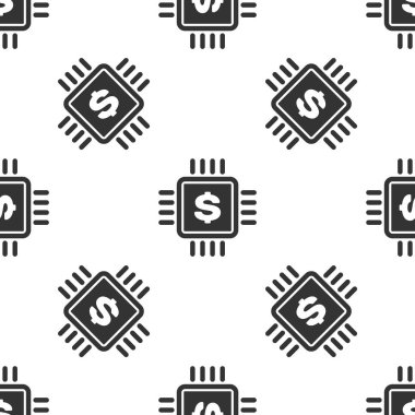 Gri işlemci yongası dolar simgesi olan beyaz zemin üzerine Dikişsiz desen izole. CPU ve dolar işareti. Vektör çizim