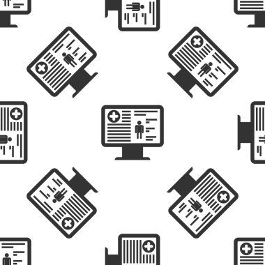 Monitör simgesini izole Dikişsiz desen beyaz arka planda gri tıbbi klinik kayıtlarda. Sağlık sigorta formu. Reçete, sağlık kontrolünden rapor işaretler. Vektör çizim