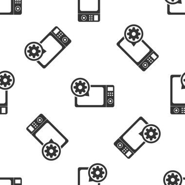 Gri mikrodalga fırın ve dişli simgesini izole Dikişsiz desen beyaz arka plan üzerinde. Ayarlama app, hizmet anlayışı, ayar seçenekleri, bakım, onarım, tamir. Vektör çizim