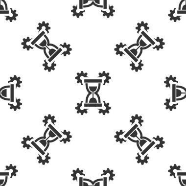 Gri kum saati ve dişli simgesini izole Dikişsiz desen beyaz arka plan üzerinde. Zaman yönetimi sembolü. Saat ve dişli simgesini tıklatın. Verimlilik sembolü. Vektör çizim