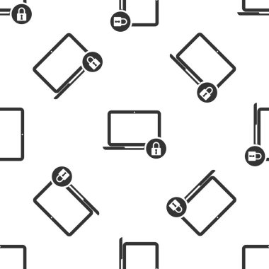 Gri Laptop ve kilit simgesi izole Dikişsiz desen beyaz arka plan üzerinde. Bilgisayar ve asma kilit. Güvenlik, güvenlik ve koruma kavramı. Güvenli ağlar arası. Vektör çizim