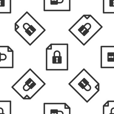 Gri Belge ve kilit simgesi beyaz arka planda izole edilmiş kusursuz desen. Dosya biçimi ve asma kilit. Güvenlik, güvenlik, koruma kavramı. Vektör İllüstrasyonu