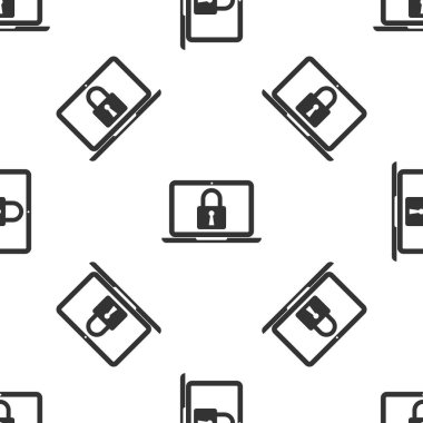 Gri Laptop ve kilit simgesi izole Dikişsiz desen beyaz arka plan üzerinde. Bilgisayar ve asma kilit. Güvenlik, güvenlik ve koruma kavramı. Güvenli ağlar arası. Vektör çizim