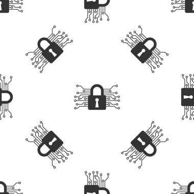 Gri siber güvenlik simgesi izole Dikişsiz desen beyaz arka plan üzerinde. Dijital devre kartı üzerinde kapalı asma kilit. Emniyet konsepti. Dijital veri koruma. Vektör çizim