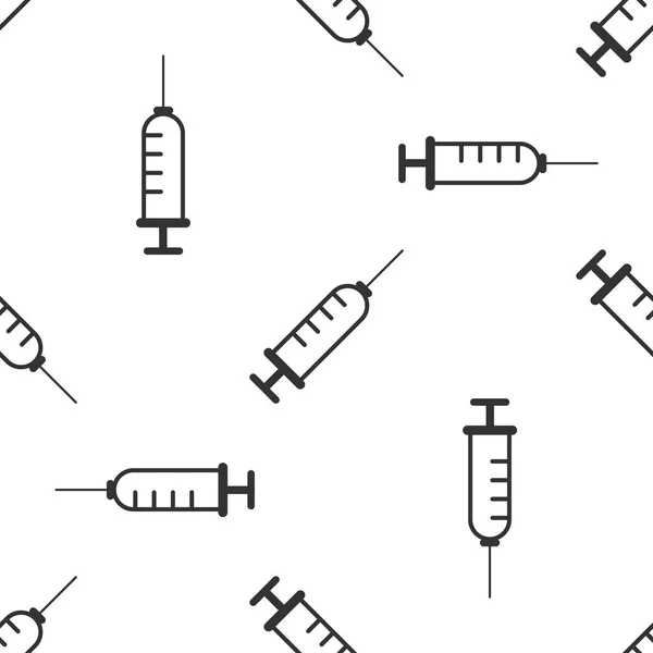 グレー注射器アイコン分離のシームレスなパターン白い背景の上。ワクチン、予防接種、インフルエンザの予防接種注射用の注射器。医療機器。ベクトル図 — ストックベクタ