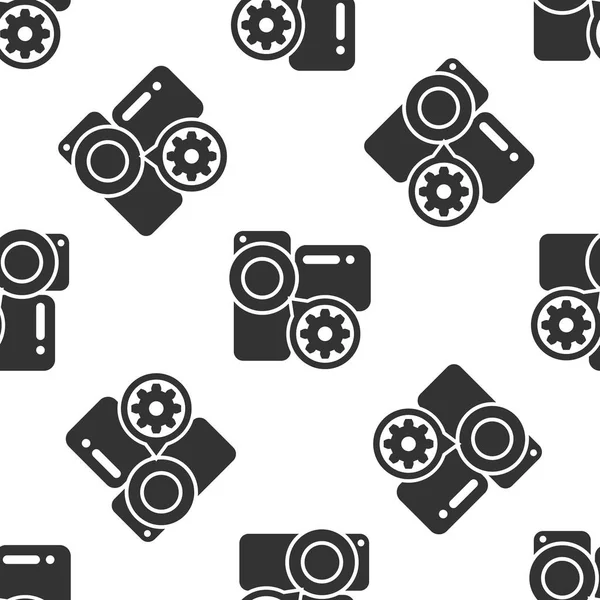 Graue Videokamera und Getriebesymbol isolierten nahtlose Muster auf weißem Hintergrund. Anpassung App, Servicekonzept, Einstellungsmöglichkeiten, Wartung, Reparatur, Reparatur. Vektorillustration — Stockvektor