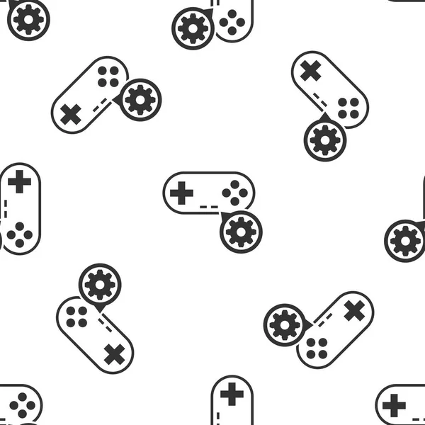 Gamepad cinza e ícone de engrenagem isolado padrão sem costura no fundo branco. Ajustar aplicativo, conceito de serviço, opções de configuração, manutenção, reparo, fixação. Ilustração vetorial — Vetor de Stock