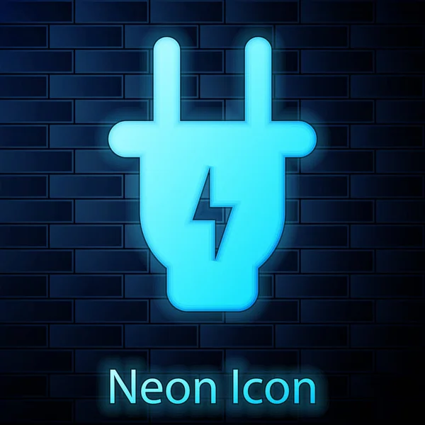 Glowing neon Electric plug icon isolated on brick wall background. Concept of connection and disconnection of the electricity. Vector Illustration — Stock Vector