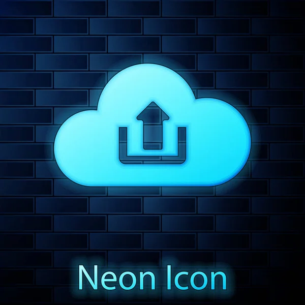 Glowing neon Cloud upload icon isolated on brick wall background. Vector Illustration