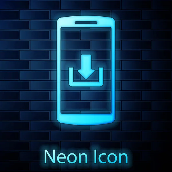 Glowing neon Smartphone with download icon isolated on brick wall background. Vector Illustration — Stock Vector