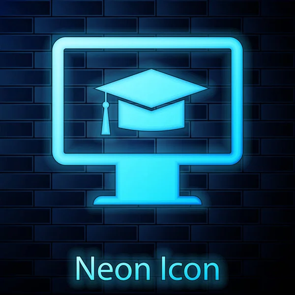 Monitor al neon incandescente con icona del cappuccio di graduazione isolato su sfondo muro di mattoni. Concetto di apprendimento online o e-learning. Simbolo della conoscenza di Internet. Illustrazione vettoriale — Vettoriale Stock