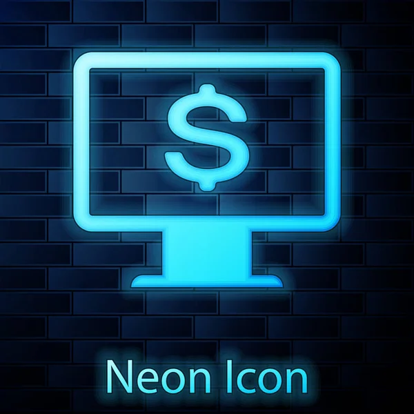 Monitor de computador neon brilhante com ícone de dólar isolado no fundo da parede de tijolo. Internet conceito de segurança financeira, proteção financeira on-line. Ilustração vetorial — Vetor de Stock