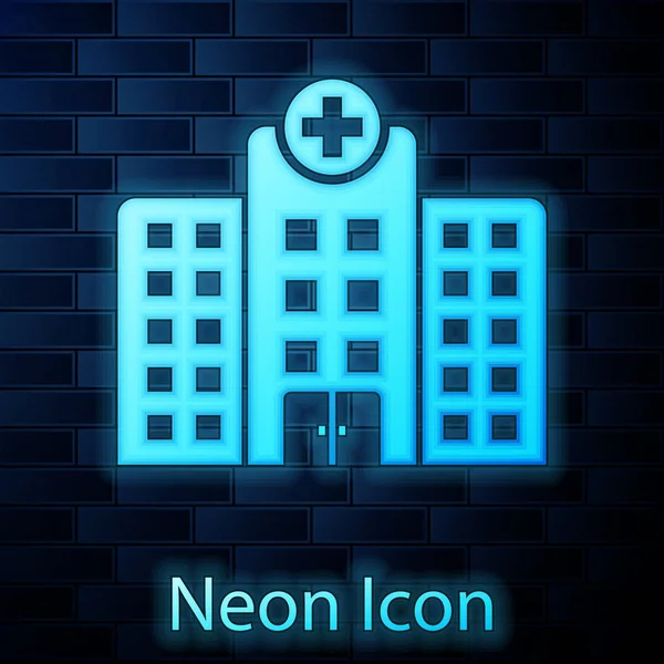 Izzó neon orvosi Kórház kereszt ikon elszigetelt téglafal háttér kiépítése. Orvosi központ. Egészségügyi ellátás. Vektoros illusztráció — Stock Vector
