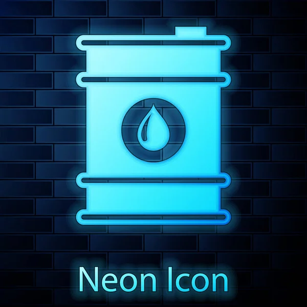 Leuchtende Neon-Barrel-Öl-Ikone isoliert auf Backsteinwand Hintergrund. Vektorillustration — Stockvektor