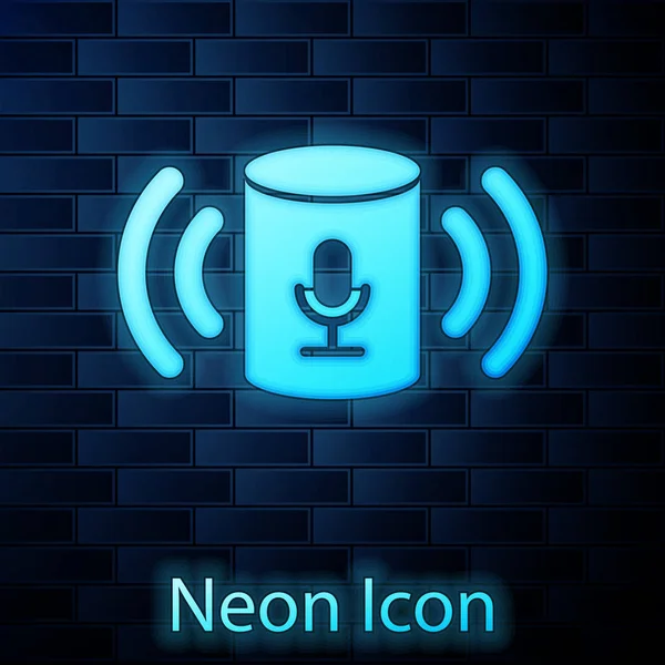 Icona luminosa al neon assistente vocale isolato su sfondo muro di mattoni. Interfaccia utente di controllo vocale altoparlante intelligente. Illustrazione vettoriale — Vettoriale Stock
