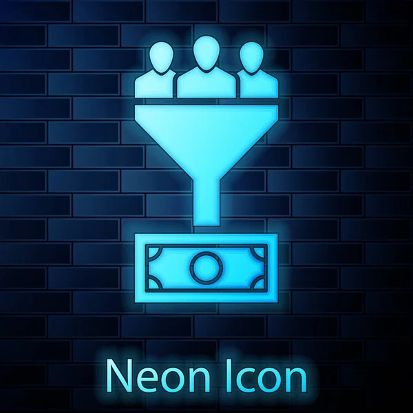 Izzó neon vezető menedzsment ikon elszigetelt téglafal háttér. Csatorna az emberek, pénz. Cél ügyfél üzleti koncepció. Vektoros illusztráció — Stock Vector