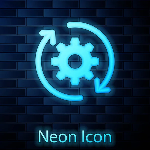 Gloeiende neon Gear en pijlen als werkstroom concept pictogram geïsoleerd op bakstenen muur achtergrond. Versnelling reload teken. Vectorillustratie — Stockvector