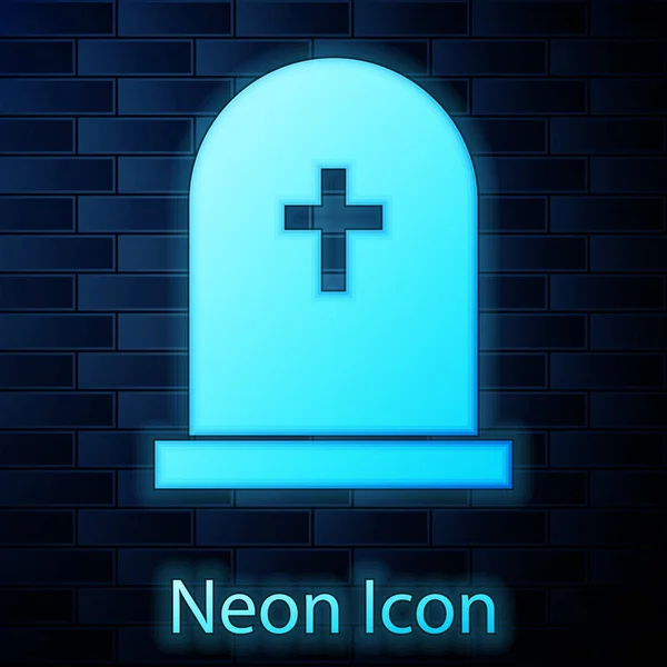 Gloeiende neon tombstone met kruis icoon geïsoleerd op bakstenen muur achtergrond. Grave icoon. Vector illustratie — Stockvector