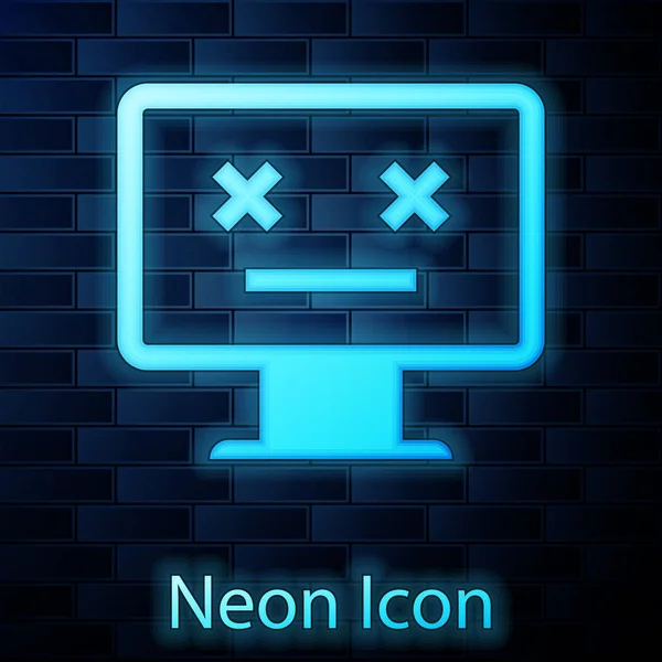 Leuchtende Neon tote Monitor-Symbol isoliert auf Backsteinwand Hintergrund. 404 Fehler wie PC mit toten Emojis. fataler Fehler im PC-System. Vektorillustration — Stockvektor