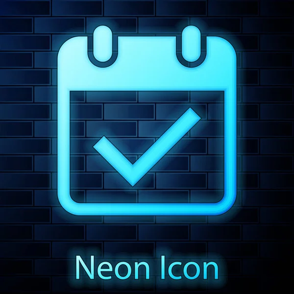 Leuchtende Neon-Kalender mit Häkchen-Symbol isoliert auf Backsteinwand Hintergrund. Vektorillustration — Stockvektor