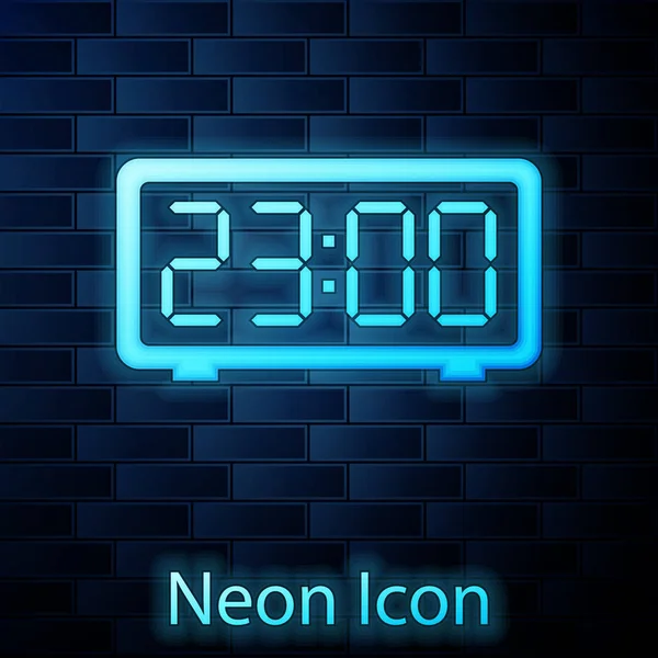 Planoucí neonový digitální budík, izolovaný na pozadí cihlové zdi. Budík pro elektronické hodinky. Časová ikona Vektorová ilustrace — Stockový vektor