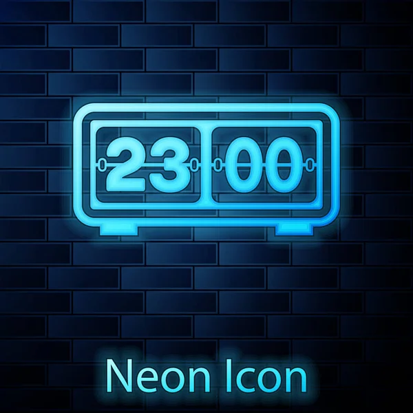 Świecące Neon retro Flip zegar ikona izolowane na tle muru ceglanego. Zegar klapy ścienne, szablon licznika liczb, wszystkie cyfry z koziołkami. Ilustracja wektorowa — Wektor stockowy