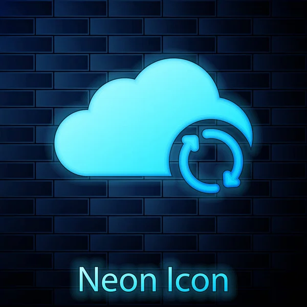 Icono de actualización de sincronización de neón brillante nube aislado en el fondo de la pared de ladrillo. Nube y flechas. Ilustración vectorial — Vector de stock