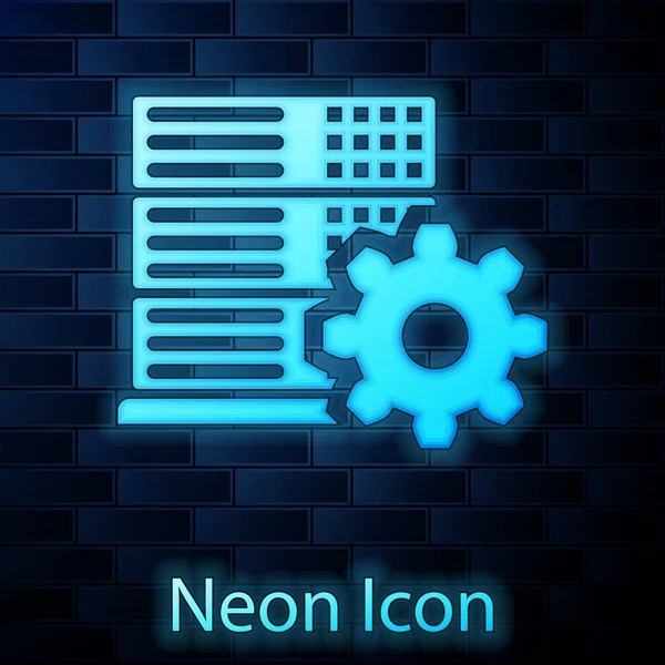 Ícone de configuração de servidor de néon brilhante isolado no fundo da parede de tijolo. Ilustração vetorial — Vetor de Stock