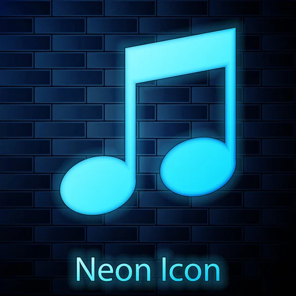 Glödande neon Musik not, ton ikon isolerad på tegel vägg bakgrund. Vektor Illustration — Stock vektor