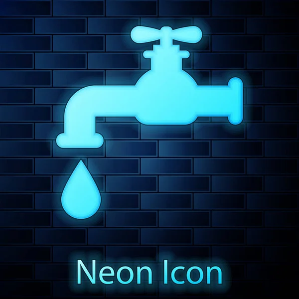 Grifo de agua de neón brillante con un icono de gota de agua que cae aislado en el fondo de la pared de ladrillo. Ilustración vectorial — Vector de stock