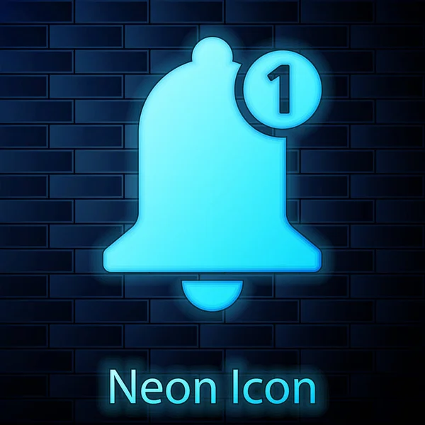 Brillante icono de neón Bell aislado en el fondo de la pared de ladrillo. Nuevo icono de notificación. Nuevo icono de mensaje. Ilustración vectorial — Archivo Imágenes Vectoriales