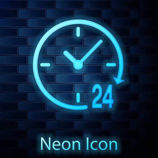 Glödande neon klocka 24 timmar ikon isolerad på tegel vägg bakgrund. Hela dagen cyklisk ikon. 24 timmars tjänstgöringssymbol. Vektor Illustration — Stock vektor