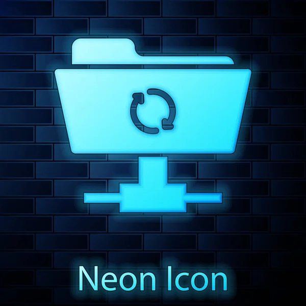 Brilhante neon FTP sincronizar atualizar ícone no fundo da parede de tijolo. Conceito de atualização de software, protocolo de transferência, roteador, gerenciamento de ferramentas de trabalho em equipe, processo de cópia. Ilustração vetorial — Vetor de Stock