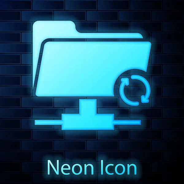 Tuğla duvar arka planda parlayan Neon FTP Sync yenileme simgesi. Yazılım Güncelleme kavramı, Transfer Protokolü, yönlendirici, takım çalışması aracı yönetimi, kopyalama süreci. Vektör Illustration — Stok Vektör